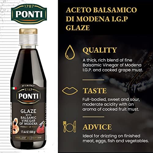 Ponti Glaze with Balsamic Vinegar 17.6oz (500ml) Large - Concentrated Thick Drizzle with Grape Must & Vinegar of Modena Sweet Sour Tangy Flavor - Italian