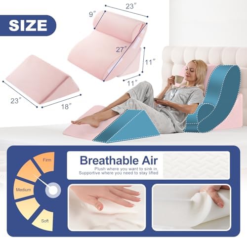 4PCS Orthopedic Bed Wedge Pillow Set for Post Surgery Recovery - Adjustable Memory Foam Support Pillows for Back/Leg/Shoulder Pain Relief, Acid Reflux & Anti Snoring Sleeping System, Pink