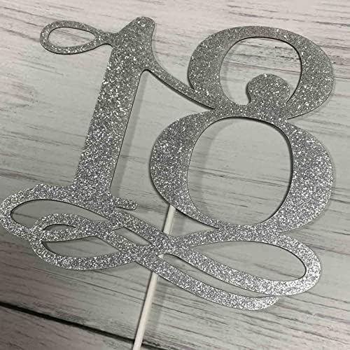 JIEEIN Number 18 Cake Topper - Happy 18th Birthday, Cheers to 18 Years, Hello 18 (Double Sided Silver Glitter)