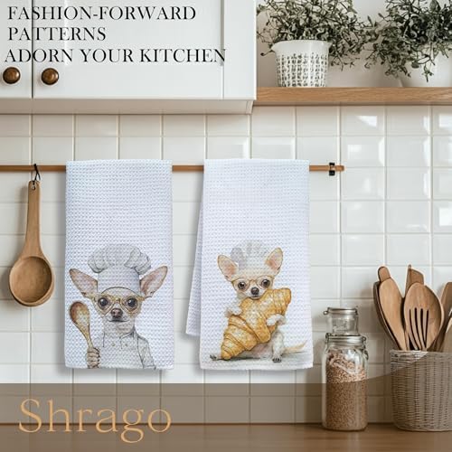 Funny Chef Chihuahua Kitchen Towels, Chihuahua Gifts for Women Men Dish Tea Towels, Dog Lover Gifts Decorative Hand Towel for Kitchen Bakery, 16x24 Inch Set of 2