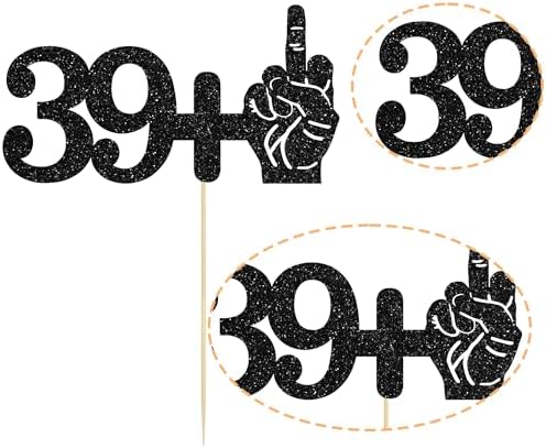 Ephlyn 1Pc 39+1 Black Glitter Cake Topper 40th Birthday Party Cake Decorations for Funny Forty Years Old Birthday Party Supplies