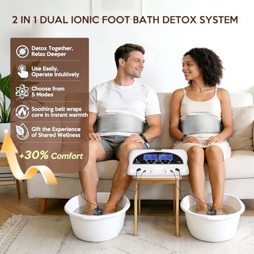 veicomtech Dual Ionic Foot Bath Detox Machine - Professional Ionic Foot Bath Spa Cleanse with 2 Waist Belts, 2 Arrays, 10 Liners