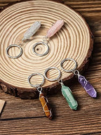 Sureio 5 Pieces Multicolor Crystals Stone Keychain Wire Wrapped Stones Jewelry Hexagonal Natural Crystal Keyring Quartz Pendants Keychain Quartz Crystal for Women