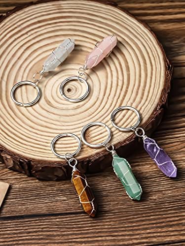 Sureio 5 Pieces Multicolor Crystals Stone Keychain Wire Wrapped Stones Jewelry Hexagonal Natural Crystal Keyring Quartz Pendants Keychain Quartz Crystal for Women
