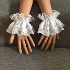 Lolita Lace Gloves 2 Pair White and Black Hand Sleeve Elastic Bracelet Women Ruffled Floral Lace Wrist Cuffs for Halloween Wedding Masquerade Party Costume Accessory