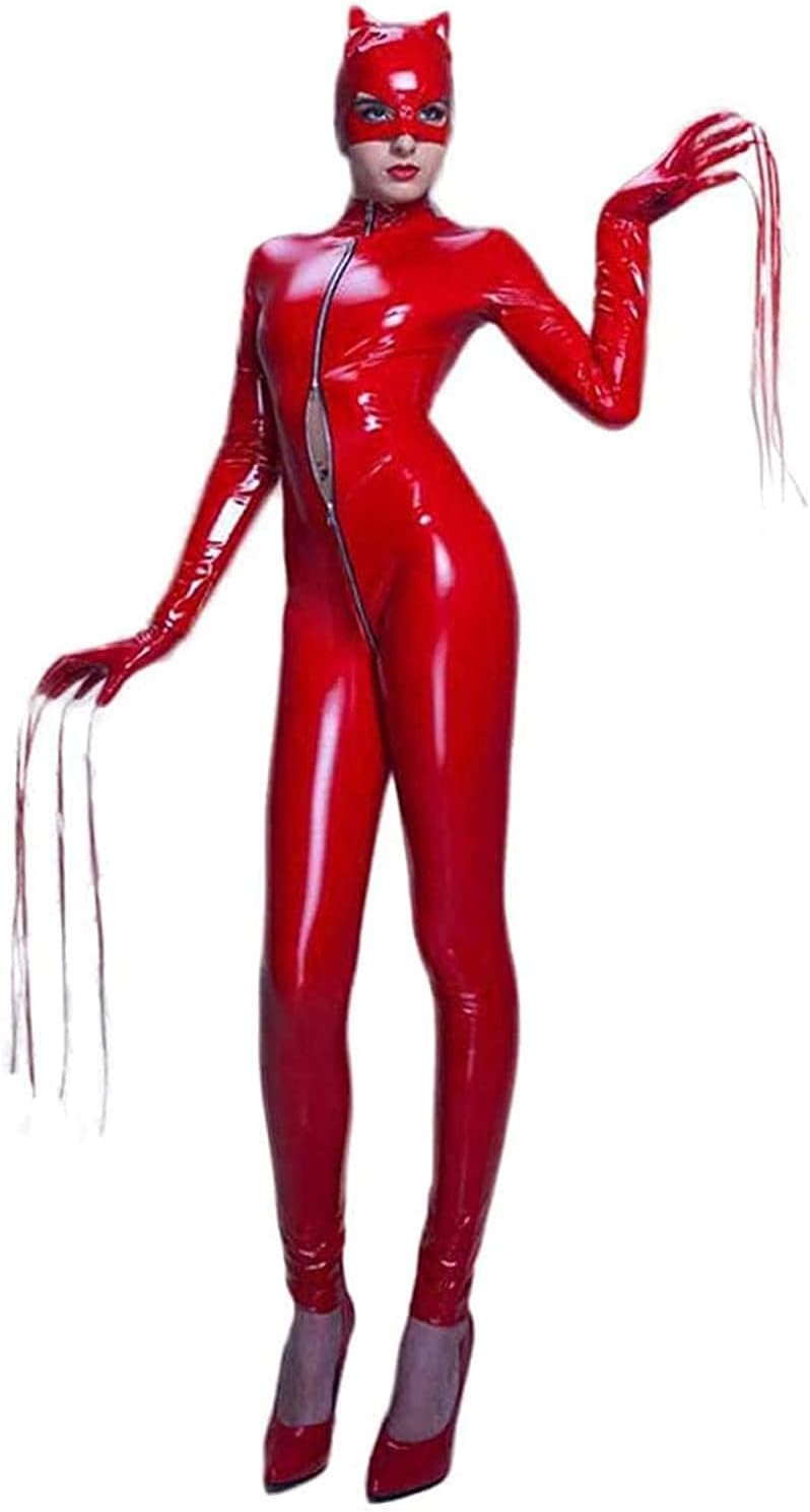 Women's Bodysuit Shiny Patent Leather PVC Catsuit Full Body Sexy Latex Tight Zipper Jumpsuit Mask Rubber Clothing