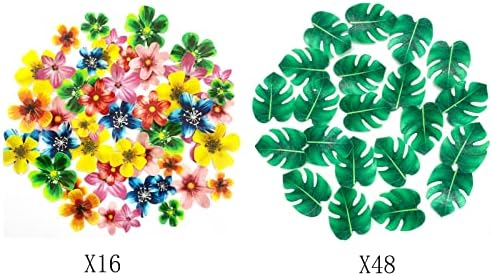 64Pcs Tropical Palm Leaves and Hawaii Flowers Cupcake Toppers Hawaii Theme Cake Decoration for Jungle Summer Party Birthday Wedding Cake Decor