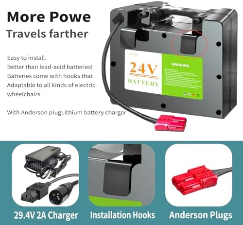 24V12AH Lithium Battery for Electric Wheelchair, Built-in 30A BMS Better Than Lead-Acid Batteries, for 100W-500W, Includes 2A Charger Anderson Connector (24V12AH)