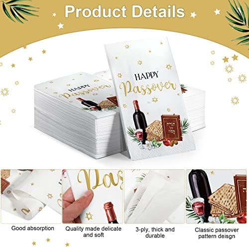 Crtiin 100 Pcs Happy Passover Napkins Disposable Jewish Festival Paper Napkins 3 Ply Holiday Passover Beverage Napkin Decorations for Table Kitchen Family Dinner Party Supplies, 13 x 15.8 Inch
