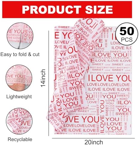 BEISHIDA White Red Mother's Day Tissue Paper Bulk,I Love You Wrapping Tissue Paper for Gift Bags, 14 x 20 Inch Gift Wrap for Valentines Wedding DIY Crafts Holiday Flowers-50 Sheets