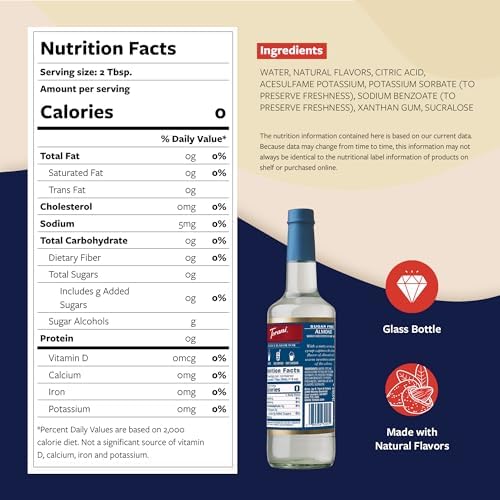 Torani Sugar Free Syrup, Almond Flavored Syrup for Drinks, Zero Calorie, Glass Bottle with Pump Included, 25.4 Fl Oz