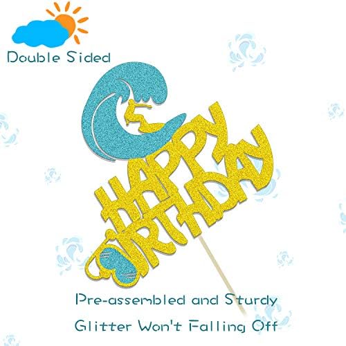 Glitter Double Sided Happy Birthday Surfboard Cake Topper for Hello Summer Themed Beach Surfing Theme Hawaii Party Birthday Cake Decorations