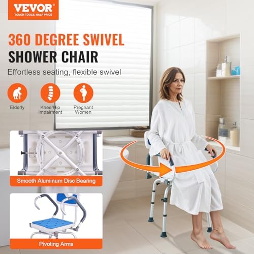 VEVOR Swivel Shower Chair 360 Degree, Adjustable Shower Seat with Pivoting Arms for Inside Showers or Tubs, Non-Slip Rotating Bathtub Shower Chair for Elderly Disabled Injured, 400LBS Capacity