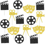 Theatrical Mask Cupcake Toppers 24PCS Comedy Movie Night Cake Decorations Film Theme Birthday Party Decoration for Hollywood Movie Festival Party Supplies Glitter Gold and Black