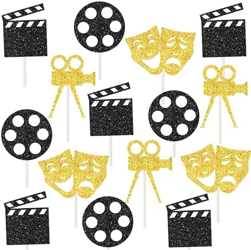 Theatrical Mask Cupcake Toppers 24PCS Comedy Movie Night Cake Decorations Film Theme Birthday Party Decoration for Hollywood Movie Festival Party Supplies Glitter Gold and Black