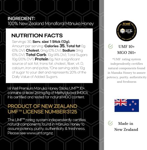 Hi Well Premium New Zealand 100% Manuka Honey | Monofloral Pure Raw Honey | UMF MGO Certified | Easy to take12g x 30 sticks | 12.6Oz(360g) (UMF 10+)