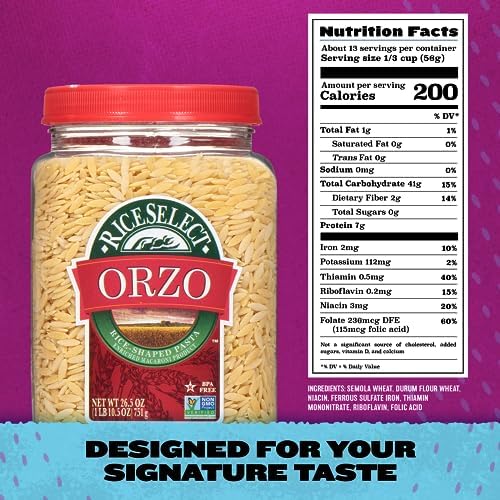 RiceSelect Orzo Rice-Shaped Pasta, Premium Non-GMO Orzo Pasta, 26.5-Ounce Jar