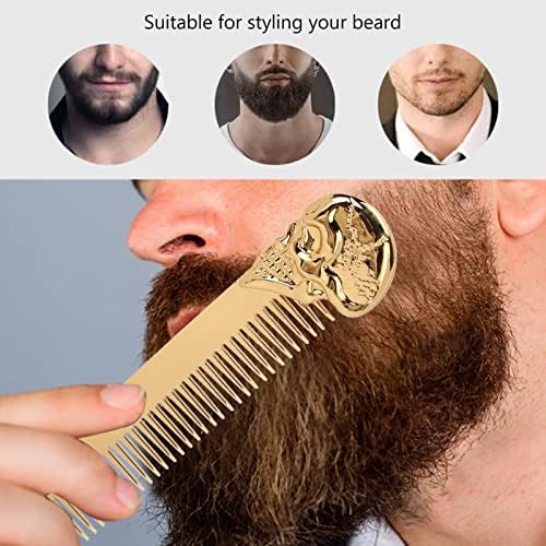 Pocket Beard Comb, Zinc Alloy Skull Pattern Hair Styling Combs, Mustache Comb with Smooth Rounded Teeth, for Men Travel Grooming (Gold)