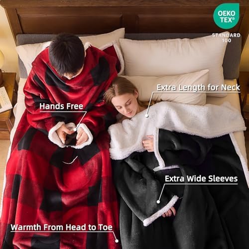 IFNOW Sherpa Wearable Blanket with Sleeves for Women Men Adults, Christmas Birthday Gifts for Women Mom Wife, Cozy Wearable Blanket with Arm and Pocket, Warm Full Body TV Wrap Throw Blanket, Black