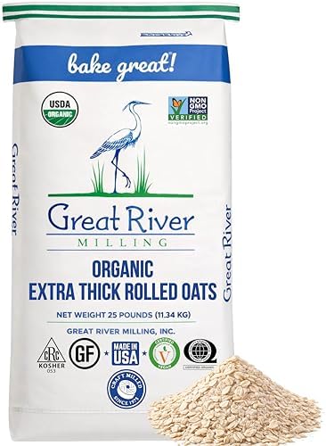 Great River Milling Organic Extra Thick Rolled Oats | Whole Grain, Non-GMO, Kosher Certified | Hearty Texture for Oatmeal, Granola, Cookies, Baked Goods & Breakfast Recipes | 25 Lb (Pack of 1)