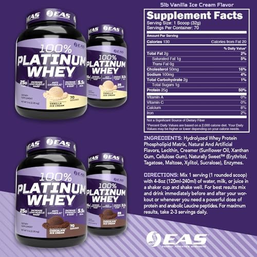 EAS 100% Platinum | 3 Ultra-Platinum Whey Proteins | Increase Size & Strength | 25g Protein, 5.5g BCAAs | 5 Pound (Vanilla Ice Cream)