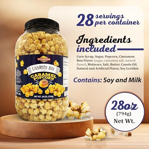 Stonehedge Farms Cinnamon Bun Flavored Popcorn | 28 oz Large Tub | Perfect for Holidays and Christmas | Bulk Gourmet Popped Sweet Snacks | Pop Corn Gift