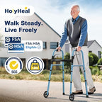 Walkers for Seniors, Folding Walker with Wheels and 2 Skis, Lightweight Rolling Walker Supports Up to 350 Pounds, Adjustable Height, Adult Compact Standard Walkers with Aluminum Frame, Blue