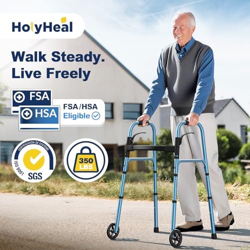 Walkers for Seniors, Folding Walker with Wheels and 2 Skis, Lightweight Rolling Walker Supports Up to 350 Pounds, Adjustable Height, Adult Compact Standard Walkers with Aluminum Frame, Blue
