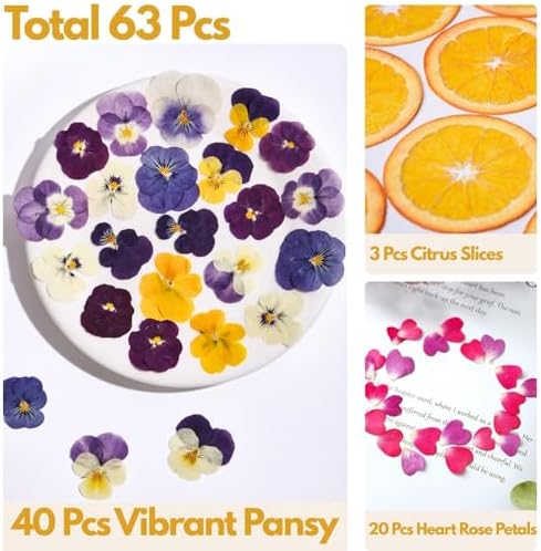 63 Pcs Edible Flowers Cake Decorations – Dried Edible Flowers for Cocktails, Drinks, Cupcake Topper & Cake Decorating, Food Grade Pressed Flowers Mix with Pansy, Heart Rose Petals & Orange
