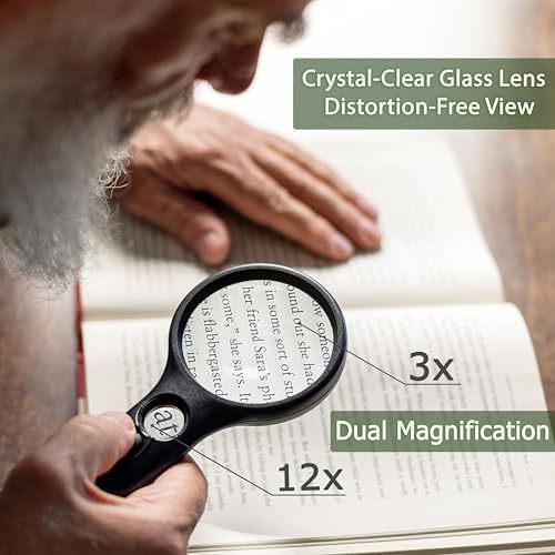 SeeZoom Magnifying Glass with Light, 3X Large Lens + 12X High Power Lens, Lighted Magnifying Glass Handheld Reading Magnifier for Seniors, Small Print, Coins & Jewelry, LED Light