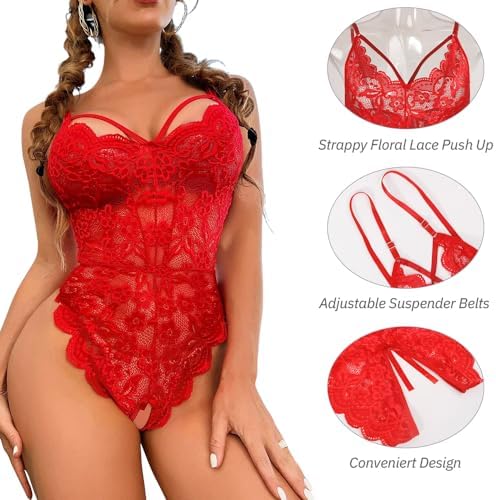 Xmas Women Sexy Babydoll Lingerie Floral Teddy Bodysuit One Piece Lace Nightwear Negligee Snap Crotch Red