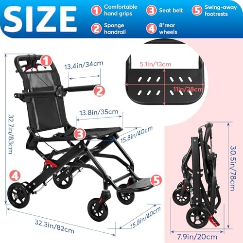 Foldable Wheelchair for Adults, Ultra Light Wheelchairs 13lbs Foldable with Bag & Safety Belt, 286lbs Capacity, Aluminum Alloy Frame, Portable Light Weight Wheelchair (Black)