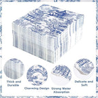 100Pcs Blue Willow Chinoiserie Paper Napkins 3-ply 6.5'' x 6.5" Disposable Blue and White Large Dinner Size Napkins Pagoda Chinoiserie Printed Square Beverage Napkin for Dinner Luncheon Party Supplies