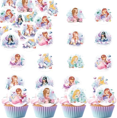 36pcs Edible Mermaid Cupcake Toppers Wafer Paper Under the Sea Cake Topper Decorations Mermaid Princess Cupcake Picks for Ocean Theme Birthday Baby Shower Supplies