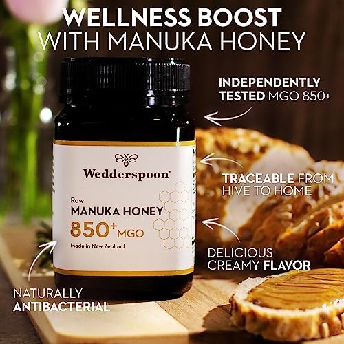 Wedderspoon Raw Manuka Honey 850+ MGO, 17.6 Oz, Unpasteurized New Zealand Honey, Non-GMO, BPA-Free Jar, Superfood & Natural Wellness Support