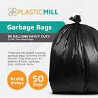 PlasticMill Heavy Duty Trash Bags - Black Garbage Bags - Plastic Trash Bags for Large Rolling Trash Bins - Tall Trash Bags - 95-Gallon Large Kitchen Trash Bags, 1.2 Mil, 61"x68" (50-Count)