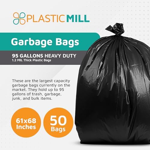 PlasticMill Heavy Duty Trash Bags - Black Garbage Bags - Plastic Trash Bags for Large Rolling Trash Bins - Tall Trash Bags - 95-Gallon Large Kitchen Trash Bags, 1.2 Mil, 61"x68" (50-Count)