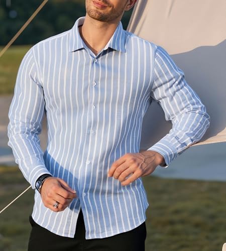 Alex Vando Mens Linen Long Sleeve Casual Button Down Shirt for Men Beach Wedding Shirts