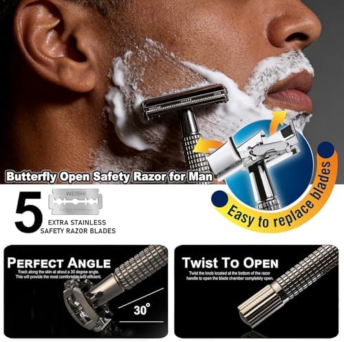 WEISHI Butterfly Open Double Edge Safety Razor for Men, Nostalgic Long Handle with 5 Stainless Razor Blades, Reusable Wet Shave Tool for Smooth, Close Shave