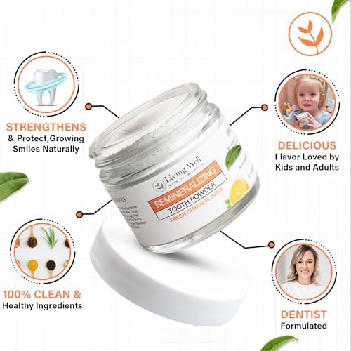 Living Well with Dr. Michelle Fresh Citrus Remineralizing Tooth Powder | Fluoride-Free Kids & Adults Formula | Hydroxyapatite for Enamel Support | Natural Ingredients for Stronger Smiles