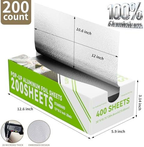 Aluminum Foil Sheets - 200 Count Pre Cut Tinfoil, 12" x 10.6" Inch Pre Cut Foil Sheets for Food, Hot Dog or Sandwich Wrap, Food Storage, Baking, Catering, Restaurant, Kitchen Use