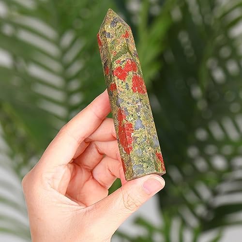 ZHIYUXI 3.7-4" Unakite Healing Crystals Wands Crystal Tower Hexagonal Pointed Crystal Wand Stone Large Crystals Reiki Energy Balancing Meditation Therapy Gemstones Decoration Gifts 1 Pc