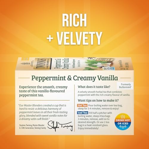 Twinings Peppermint & Creamy Vanilla Tea - A Crisp, Balanced Herbal Tea, Formerly Buttermint, Naturally Caffeine-Free Tea Bags, Individually Wrapped, 20 Count