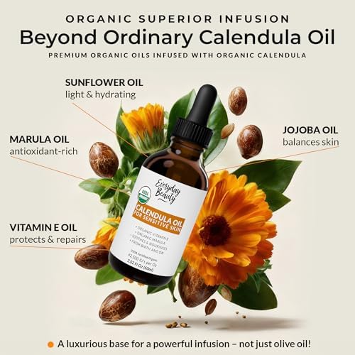 Organic Calendula Oil For Sensitive Skin - USDA Certified 100% Plant Based, Lightweight & Unscented Gentle Soothing Oil For Sensitive Skin - For Face, Skin & All Over - 2.02 Fl Oz Glass & Dropper