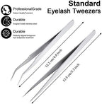 2 Pieces Straight and Curved Tip Tweezers Eyelash Extension Tweezers, Stainless Steel False Lash Application Tools (Silver)