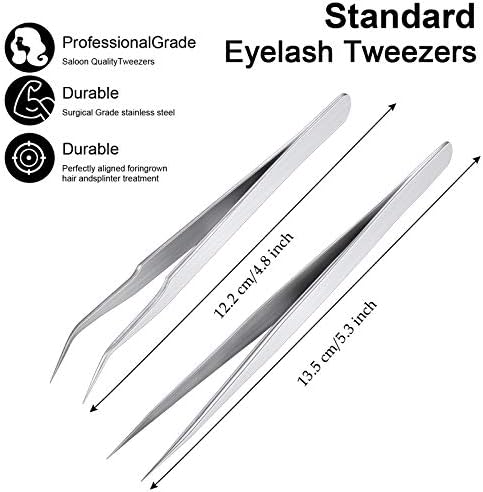 2 Pieces Straight and Curved Tip Tweezers Eyelash Extension Tweezers, Stainless Steel False Lash Application Tools (Silver)