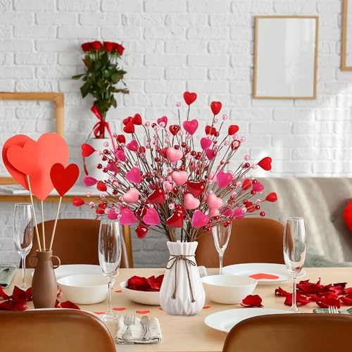 Valentine’s Day Gifts 12 Pcs Heart Shaped Berry Picks Artificial Red Heart Pearl Berry Twig Stem Branches with Red Pink Fluffy for Valentine’s Day Anniversary Flower Bouquets Wedding Home Decor