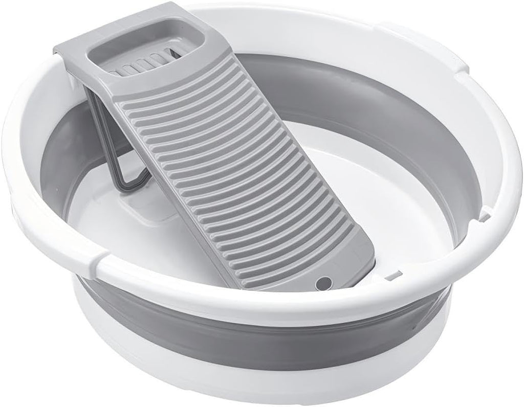 Large Collapsible Washboard Basin for Hand Washing Clothes - Portable Laundry Tub with Scrubber, Durable & Sturdy, Foldable Space-Saver, Ideal for Home, Travel, and Camping (Gray)