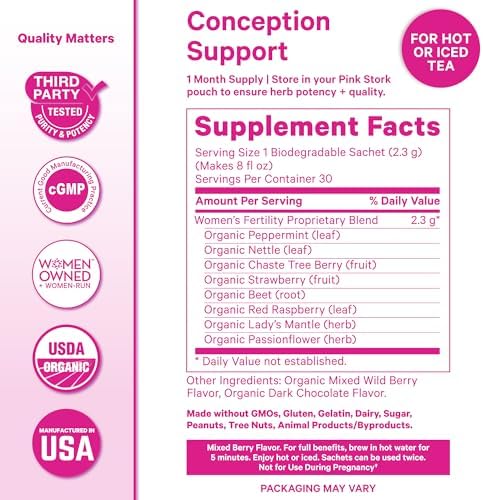 Pink Stork Organic Fertility Tea for Women | Fertility Supplements for Women with Chaste Tree Berry (Vitex) + Red Raspberry Leaf | Hormone Balance Herbal Tea for Conception Support | USDA Organic, Caffeine Free - Mixed Berry, 15 Sachets