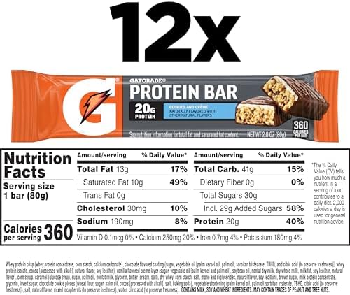 Gatorade Whey Protein Bars, Cookies & Crème, 2.8 oz bars (Pack of 12, 20g of protein per bar)
